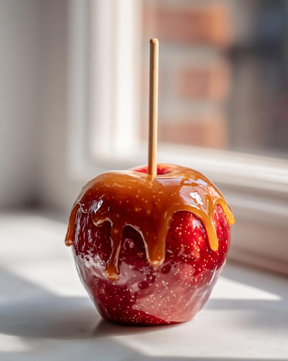 A glossy red apple covered in thick, dripping caramel sauce, ready to eat as a caramel apple.