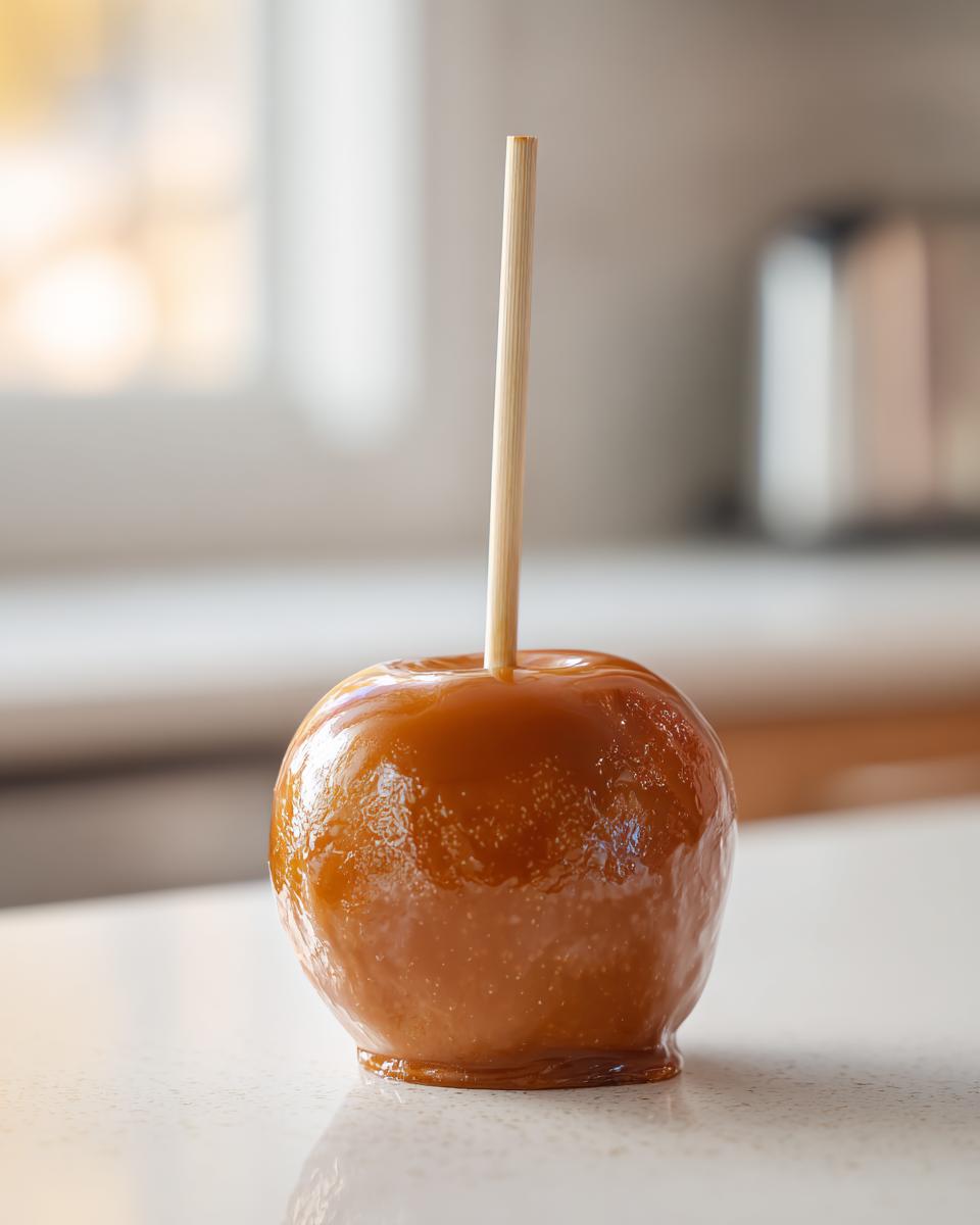 A single, glossy caramel apple on a wooden stick resting on a light countertop, ready to eat.