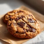 A close-up, appetizing photo of a freshly baked homemade chocolate chip cookie with melted chocolate chunks.