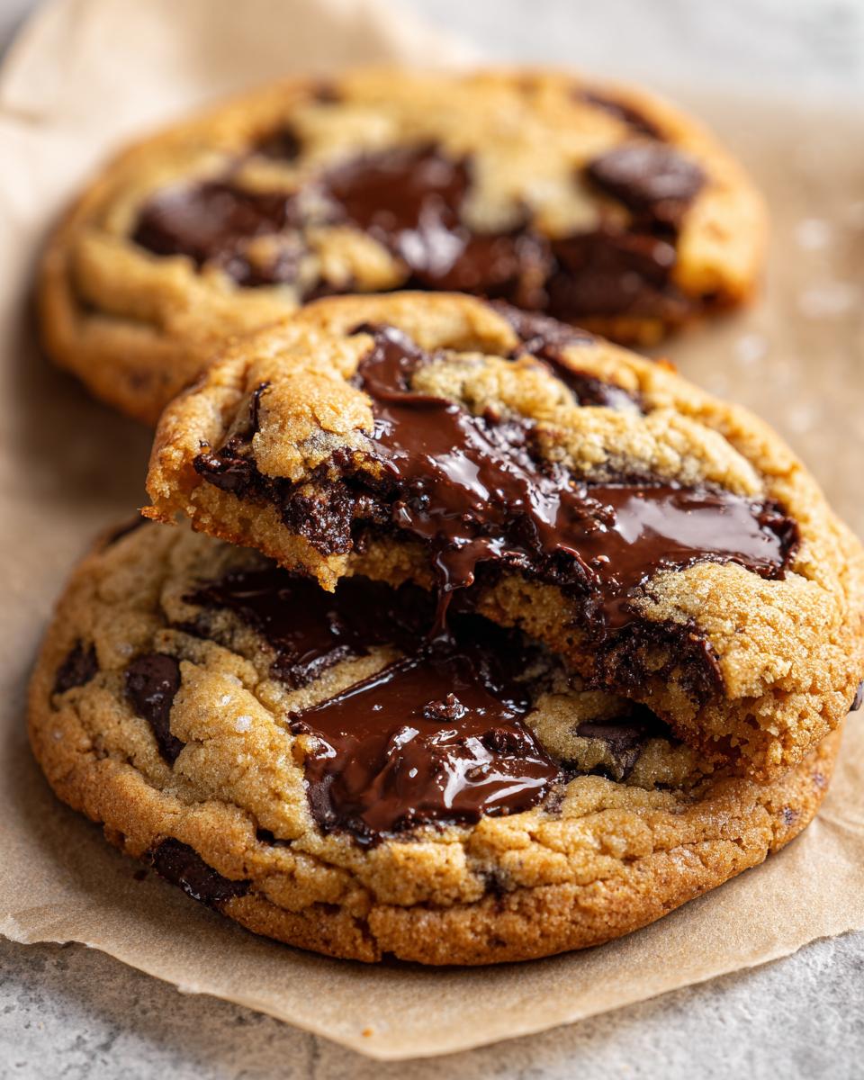 Close-up of homemade chocolate chip cookies broken open revealing molten, gooey chocolate filling.