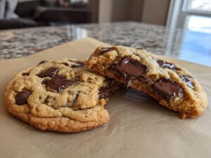 Two halves of a homemade chocolate chip cookie showing gooey, melted chocolate chips inside.