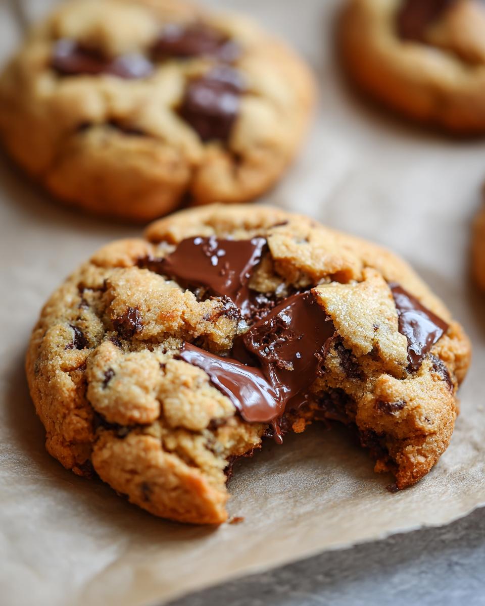 Close-up of a homemade chocolate chip cookie with a bite taken out, showing gooey, melted chocolate.