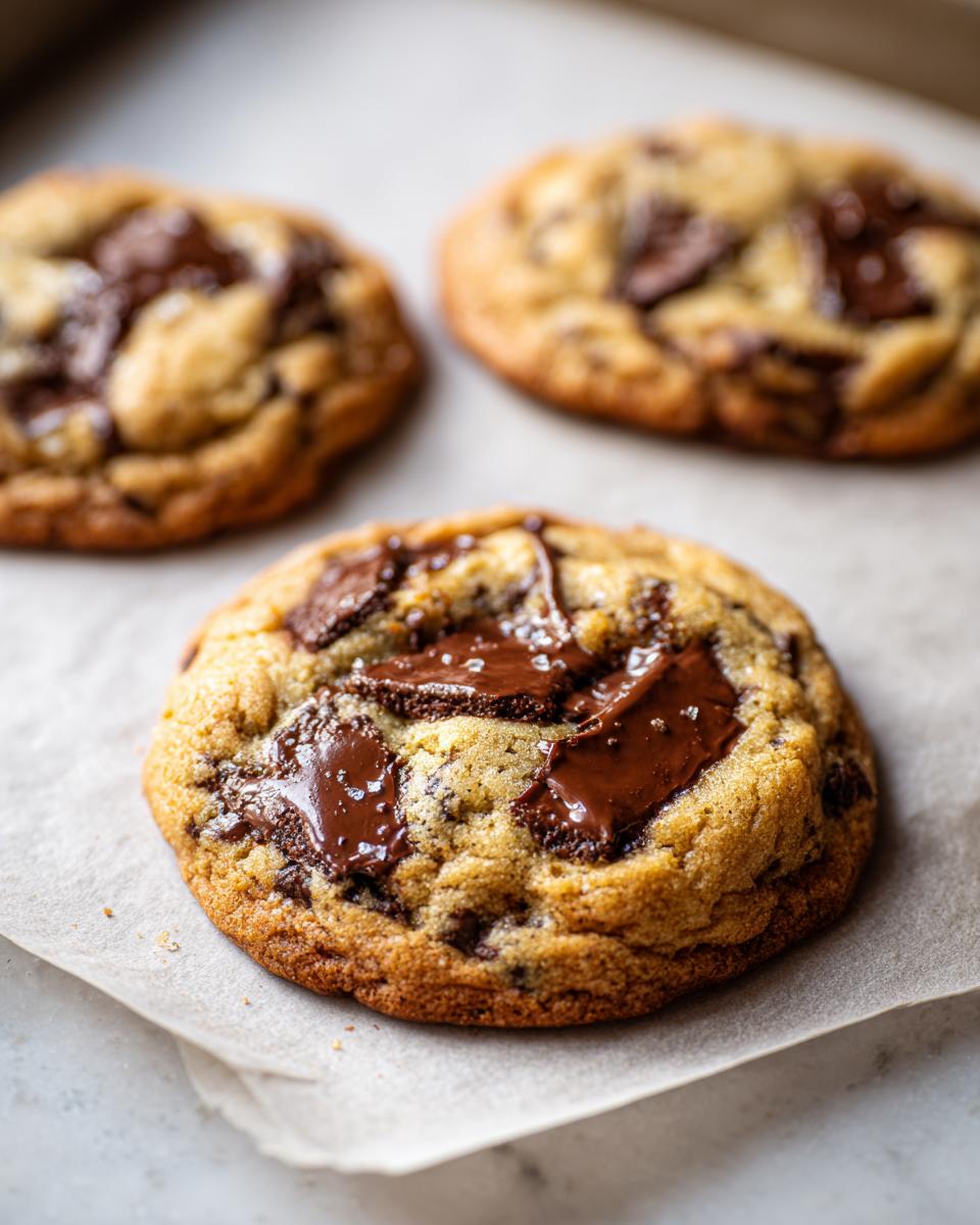 Close-up of a freshly baked, thick homemade chocolate chip cookie with melted chocolate chunks.