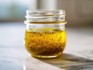 Close-up of homemade herb salad dressing, an oil and vinegar mixture with visible herbs, in a small glass jar.
