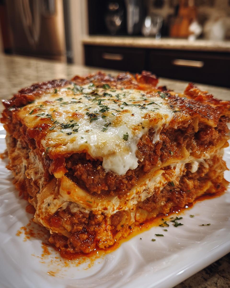 A thick, juicy slice of homemade lasagna showing layers of meat sauce and ricotta, topped with melted mozzarella and parsley.