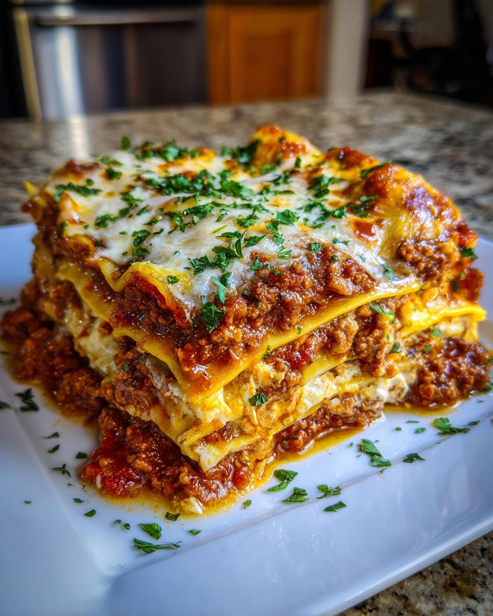 A tall, layered slice of homemade lasagna featuring rich meat sauce, creamy cheese, and fresh parsley topping.