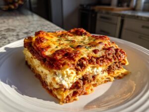 A thick, perfectly layered slice of homemade lasagna with rich meat sauce and creamy ricotta, garnished with parsley.