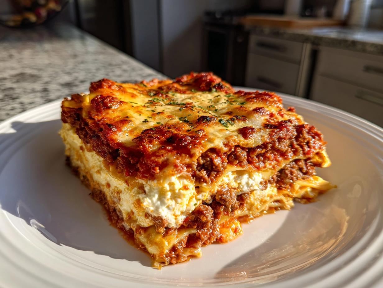 A thick, perfectly layered slice of homemade lasagna with rich meat sauce and creamy ricotta, garnished with parsley.