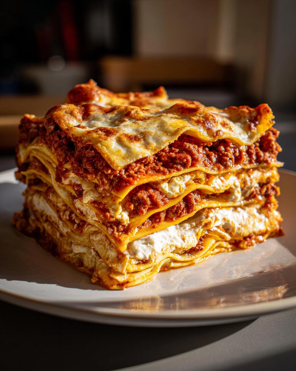 A tall, thick slice of homemade lasagna showing multiple layers of pasta, meat sauce, and ricotta cheese.