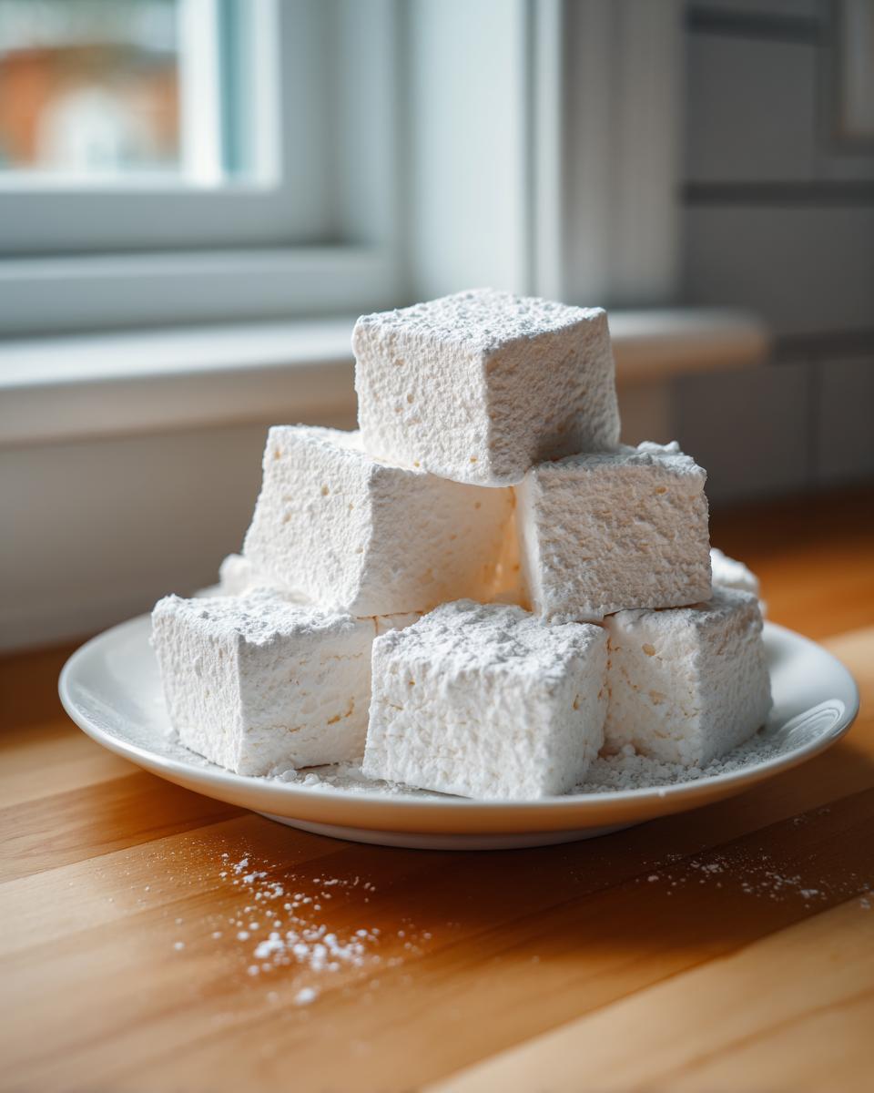 A stack of fluffy, white homemade marshmallows dusted heavily with powdered sugar on a white plate.