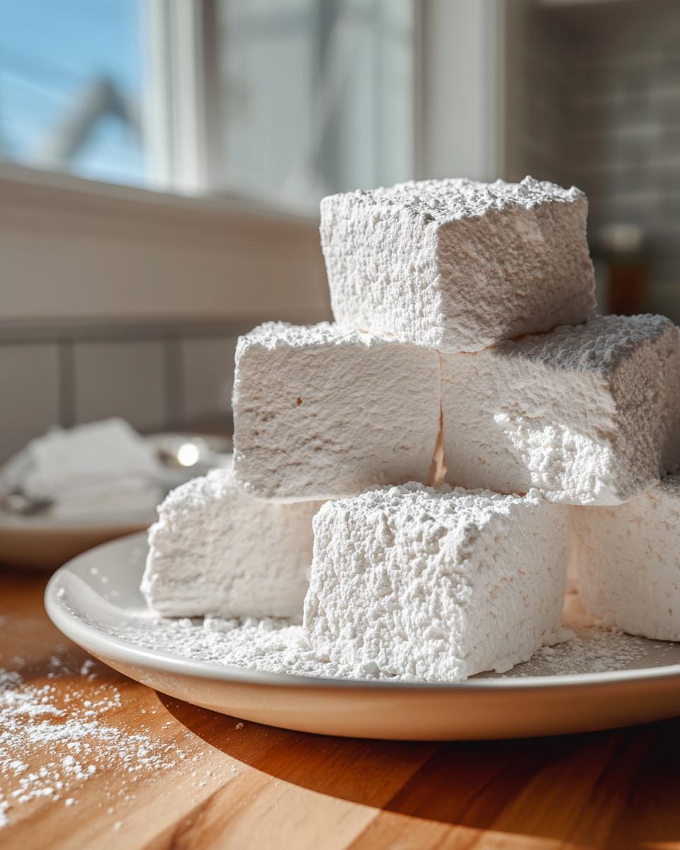 A stack of fluffy, square homemade marshmallows heavily dusted with white powdered sugar on a plate.