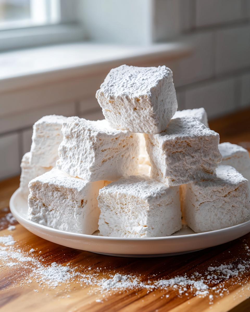 A tall stack of fluffy, square homemade marshmallows heavily dusted with white powdered sugar on a white plate.
