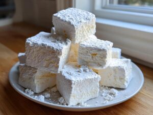 A stack of large, fluffy homemade marshmallows heavily dusted with powdered sugar on a white plate.