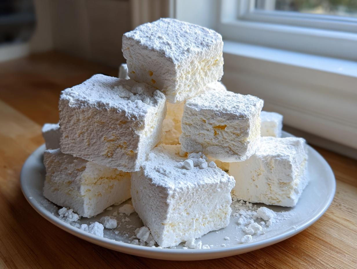 A stack of large, fluffy homemade marshmallows heavily dusted with powdered sugar on a white plate.