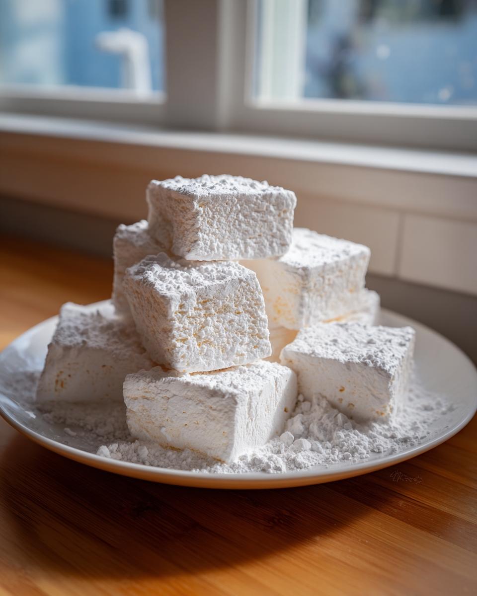 A stack of fluffy, square homemade marshmallows heavily dusted with powdered sugar on a white plate.