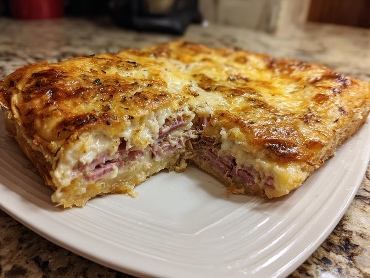 A square slice of homemade reuben bake cut in half, showing layers of corned beef, cheese sauce, and a golden crust.