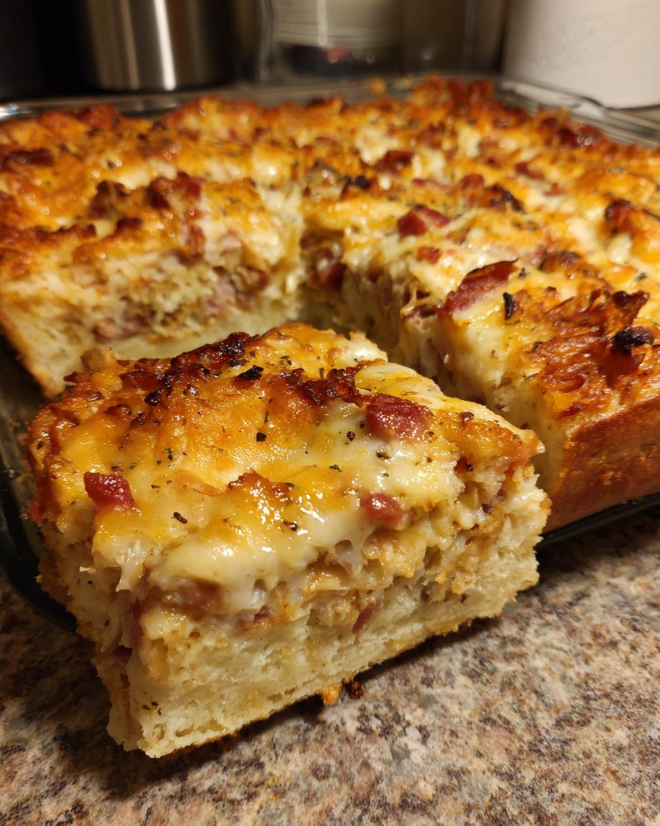 A close-up of a thick slice cut from a cheesy homemade reuben bake, showing layers of filling and crust.