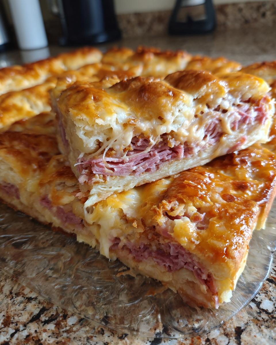 Close-up of a serving of homemade Reuben bake showing layers of corned beef, cheese, and flaky crust.