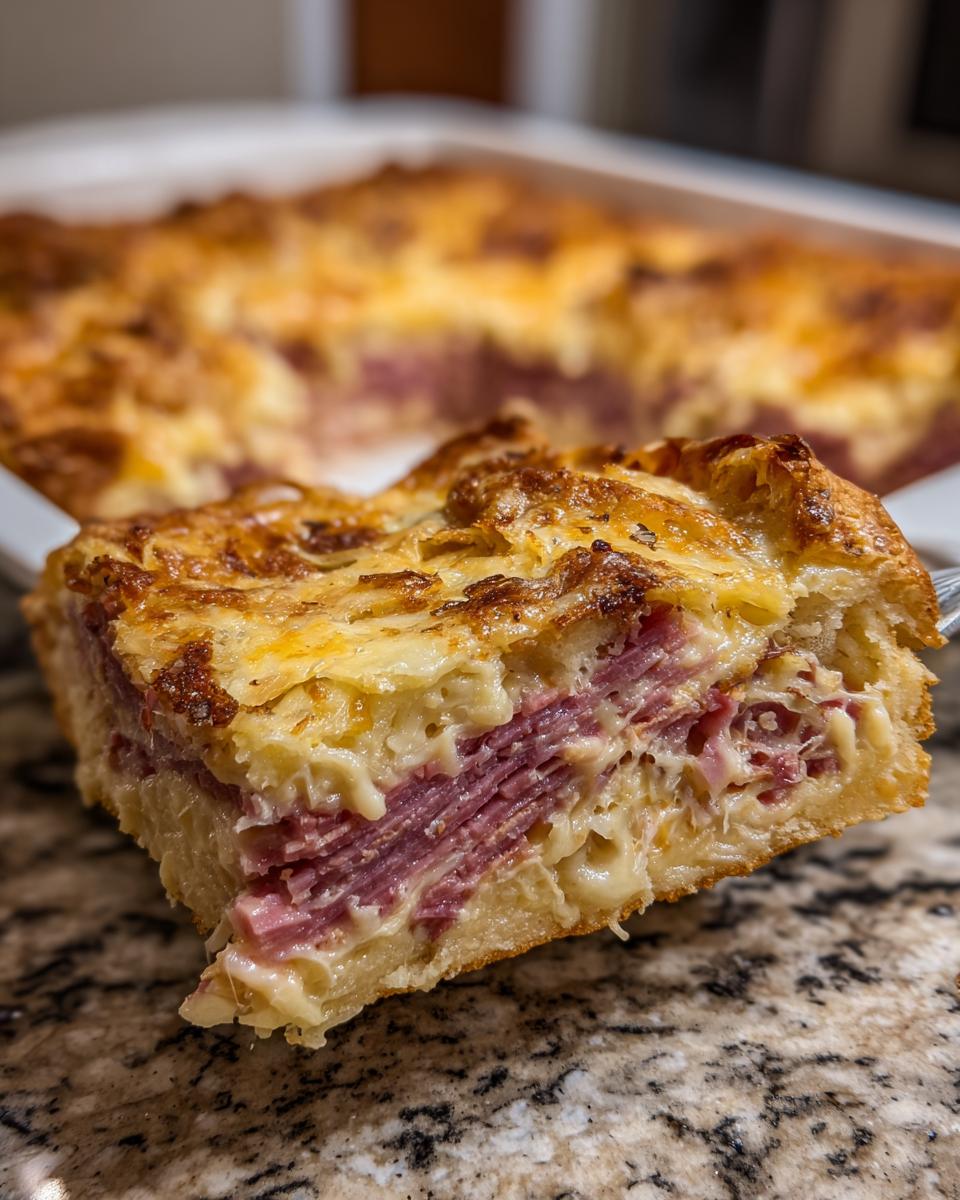 A thick slice of homemade Reuben bake showing layers of corned beef, cheese sauce, and a golden crust.