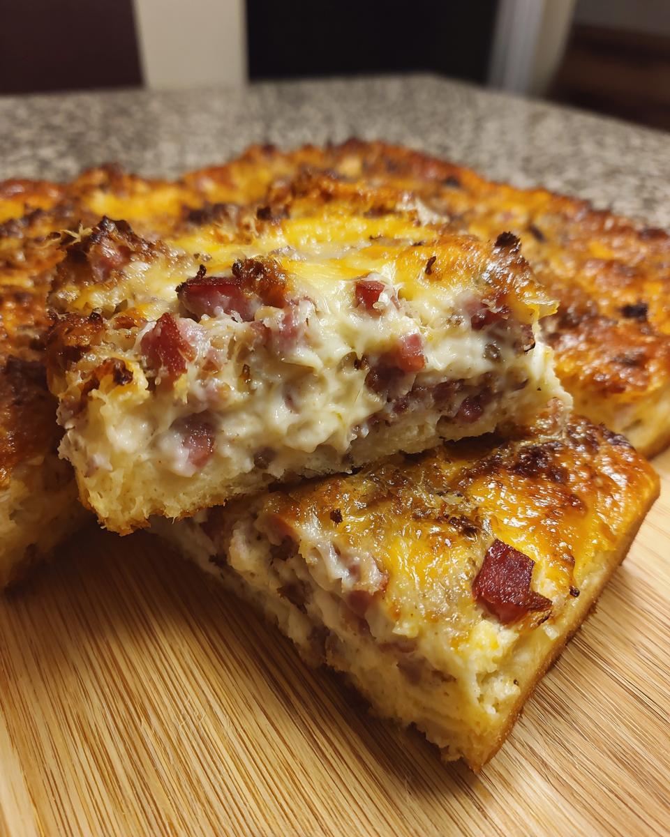 Two stacked slices of a cheesy, creamy homemade reuben bake showing corned beef pieces inside.