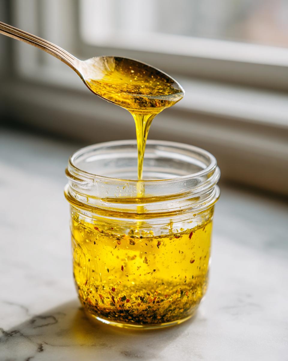 A golden, oily homemade salad dressing being drizzled from a spoon into a small glass jar.