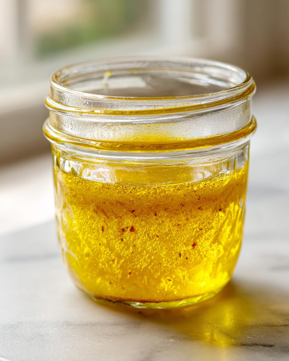 Close-up of bright yellow homemade salad dressing, likely a vinaigrette, separated in a small glass mason jar.