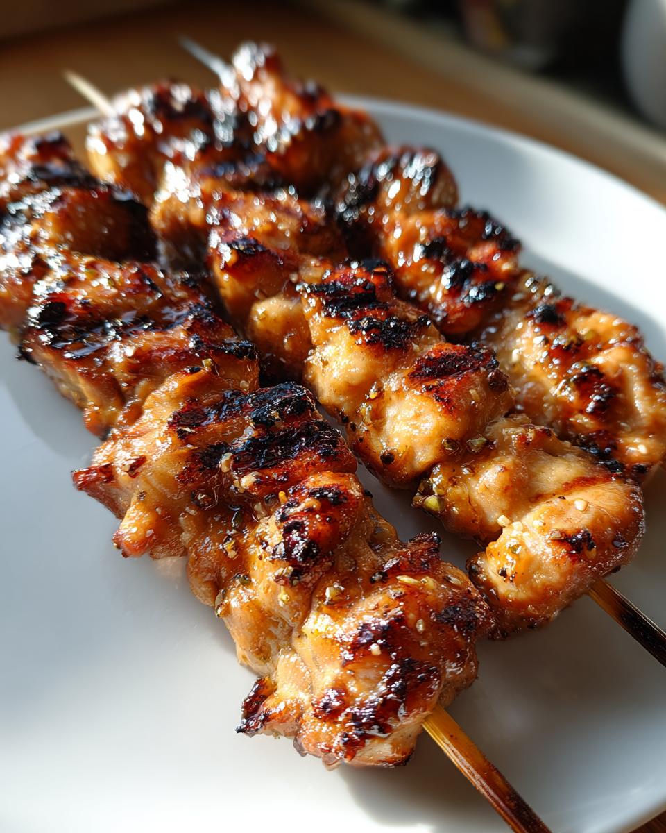 Close-up of three perfectly grilled honey garlic chicken skewers with a sticky, caramelized glaze.