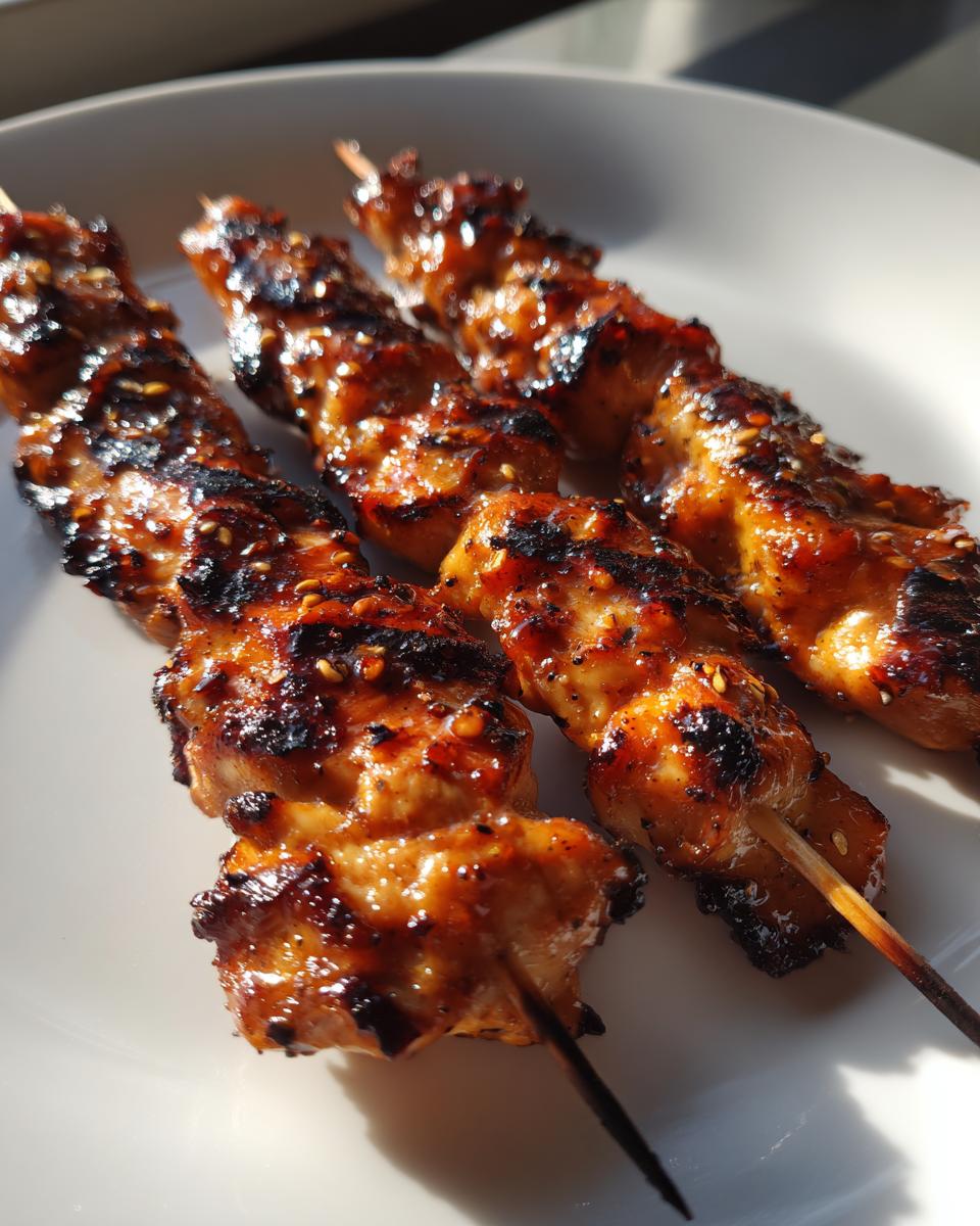 Three perfectly grilled, glazed chicken skewers resting on a white plate, showing char marks and sesame seeds.