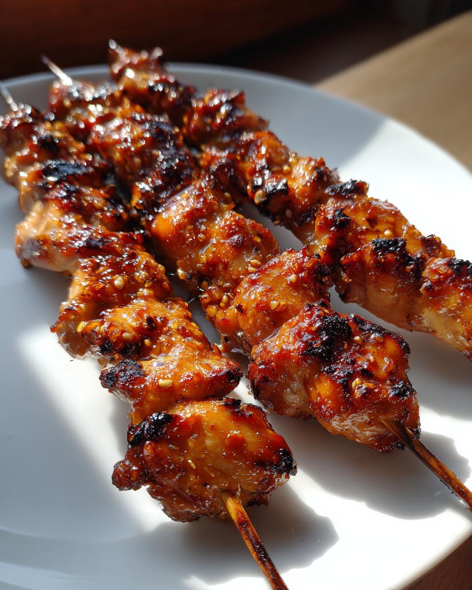 Close-up of three glistening, grilled honey garlic chicken skewers resting on a white plate, showing char marks and sesame seeds.