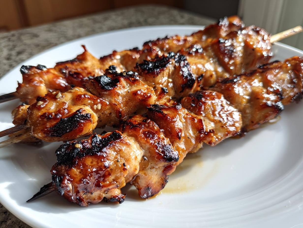 Three juicy, grilled chicken skewers coated in a shiny glaze, showing char marks and sesame seeds, ready to eat.