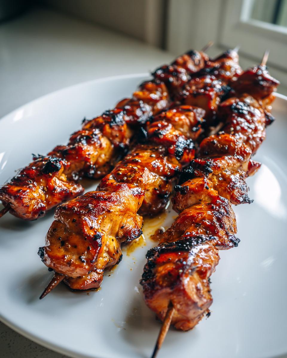 Three grilled, glazed honey garlic chicken skewers resting on a white plate, showing caramelized edges.