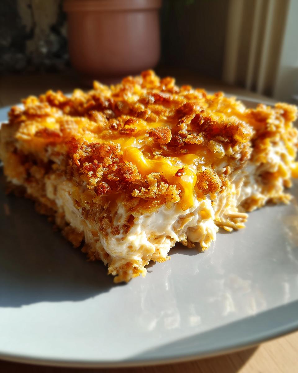 A close-up of a baked slice of hot chicken salad with a creamy interior and crunchy, cheesy topping.