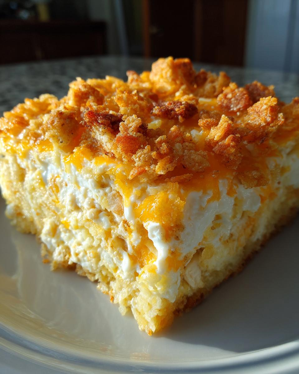 Close-up of a square serving of hot chicken salad casserole with a creamy filling and crunchy topping.