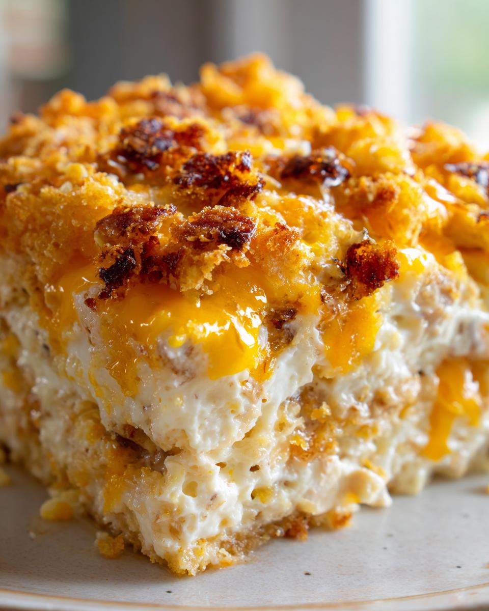 A close-up of a thick slice of hot chicken salad casserole, showing a creamy interior and a golden, cheesy, crunchy topping.
