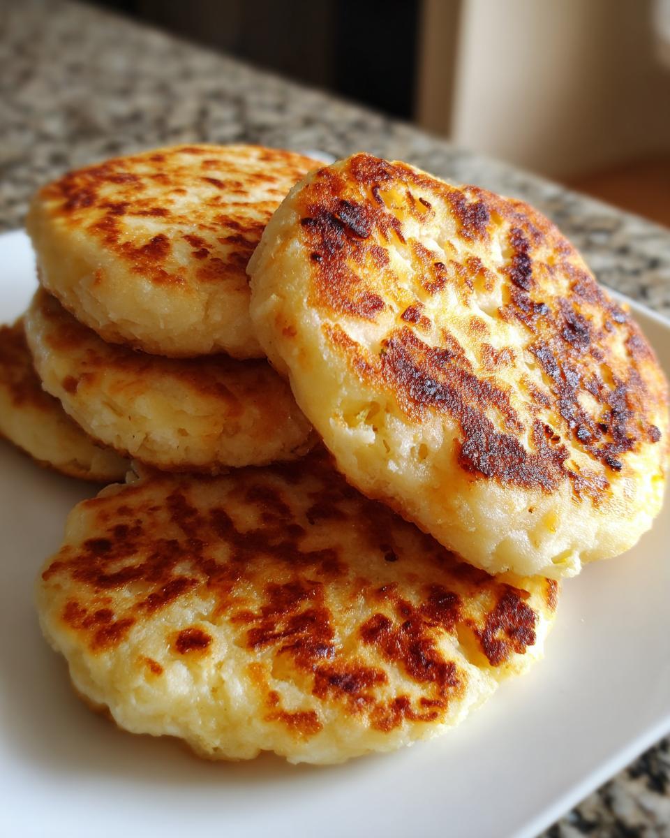 A stack of four golden brown, pan-fried irish potato farls resting on a white plate.