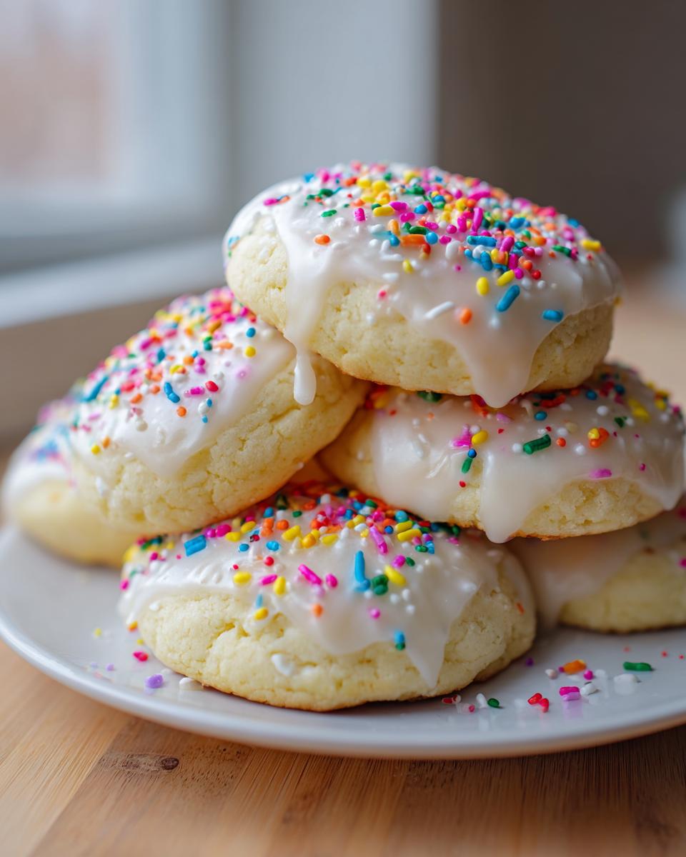 A stack of soft Italian ricotta cookies topped with thick white glaze and colorful rainbow sprinkles.
