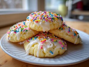 A stack of four soft Italian ricotta cookies topped with white glaze and colorful rainbow sprinkles.
