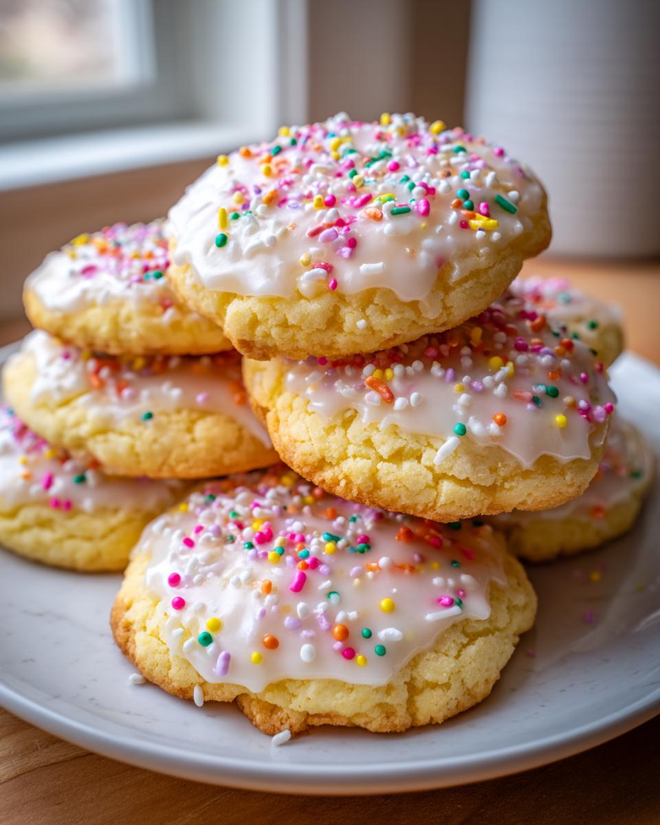 A stack of soft Italian ricotta cookies topped with white glaze and colorful sprinkles.