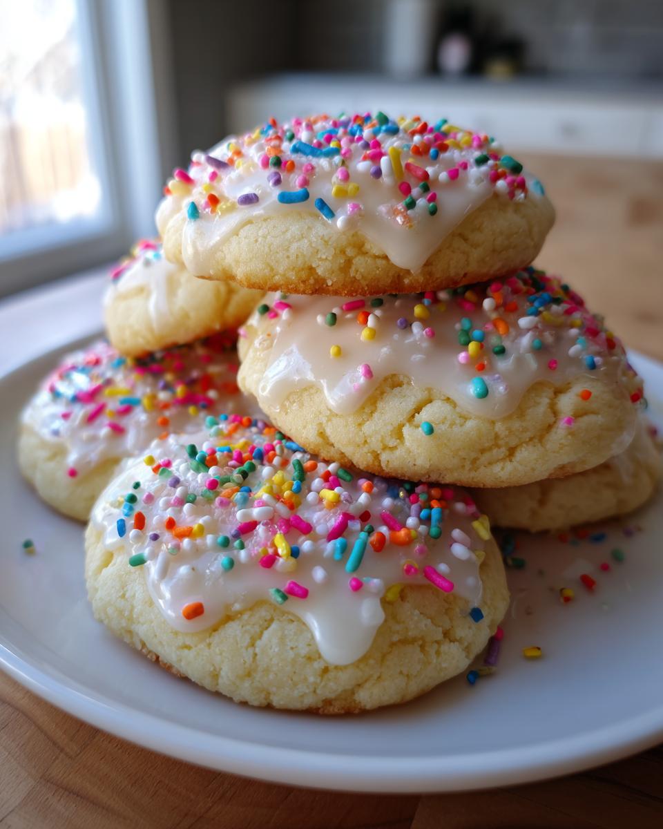 A stack of soft Italian ricotta cookies topped with white glaze and colorful rainbow sprinkles on a white plate.
