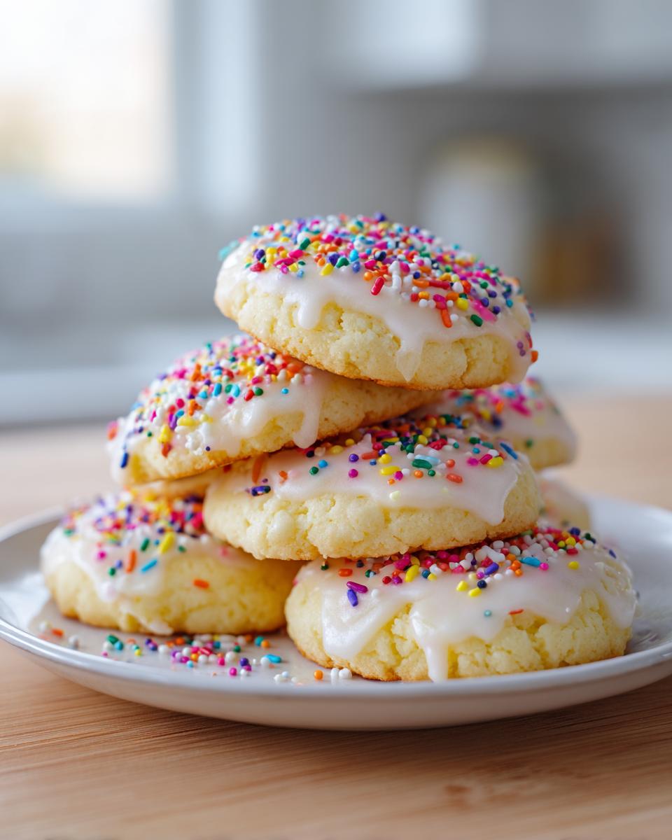 A stack of soft Italian ricotta cookies topped with white glaze and colorful sprinkles on a white plate.