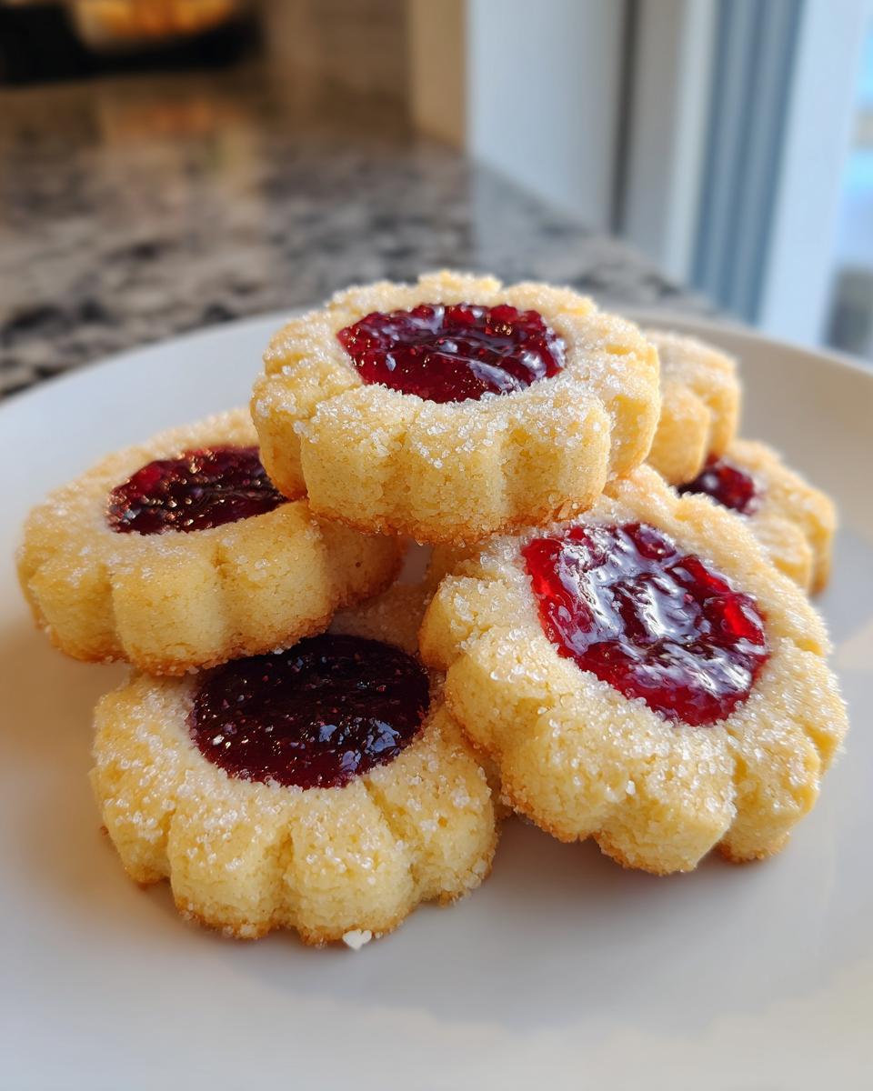 Close-up of several golden, flower-shaped thumbprint cookies filled with bright red jam, dusted with sugar.