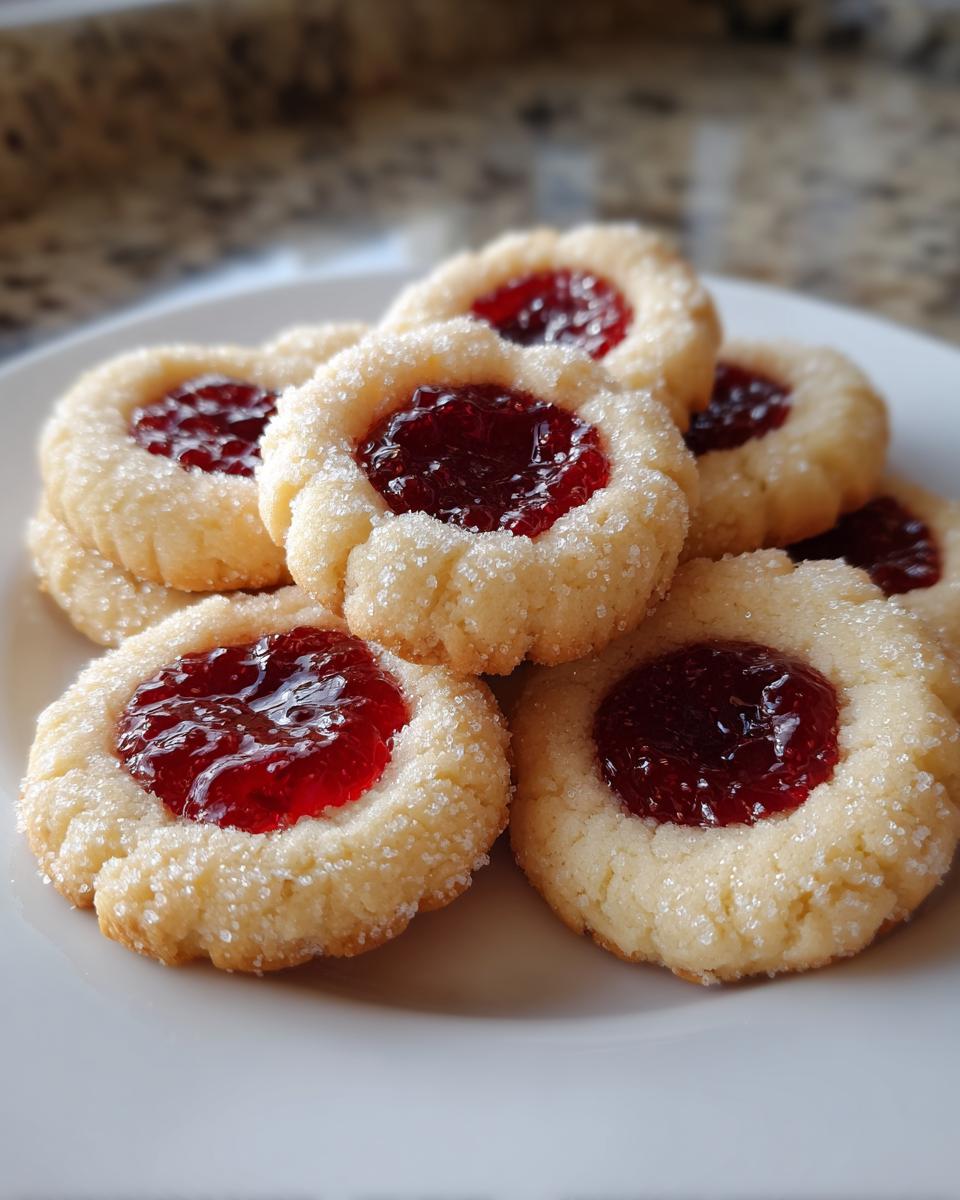 A stack of buttery, sugar-coated thumbprint cookies filled with bright red jam on a white plate.