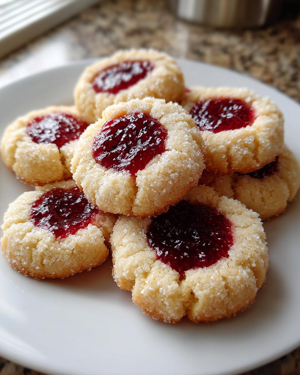 A stack of buttery, sugar-coated thumbprint cookies filled with bright red raspberry jam.