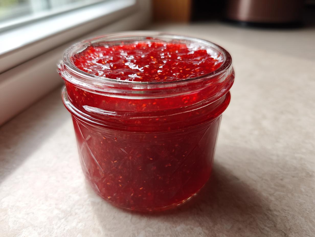 Close-up of a glass jar filled with vibrant, textured strawberry freezer jam sitting on a light countertop near a window.