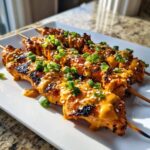 Close-up of three grilled bang bang chicken skewers drizzled with orange sauce, topped with green onions and sesame seeds.