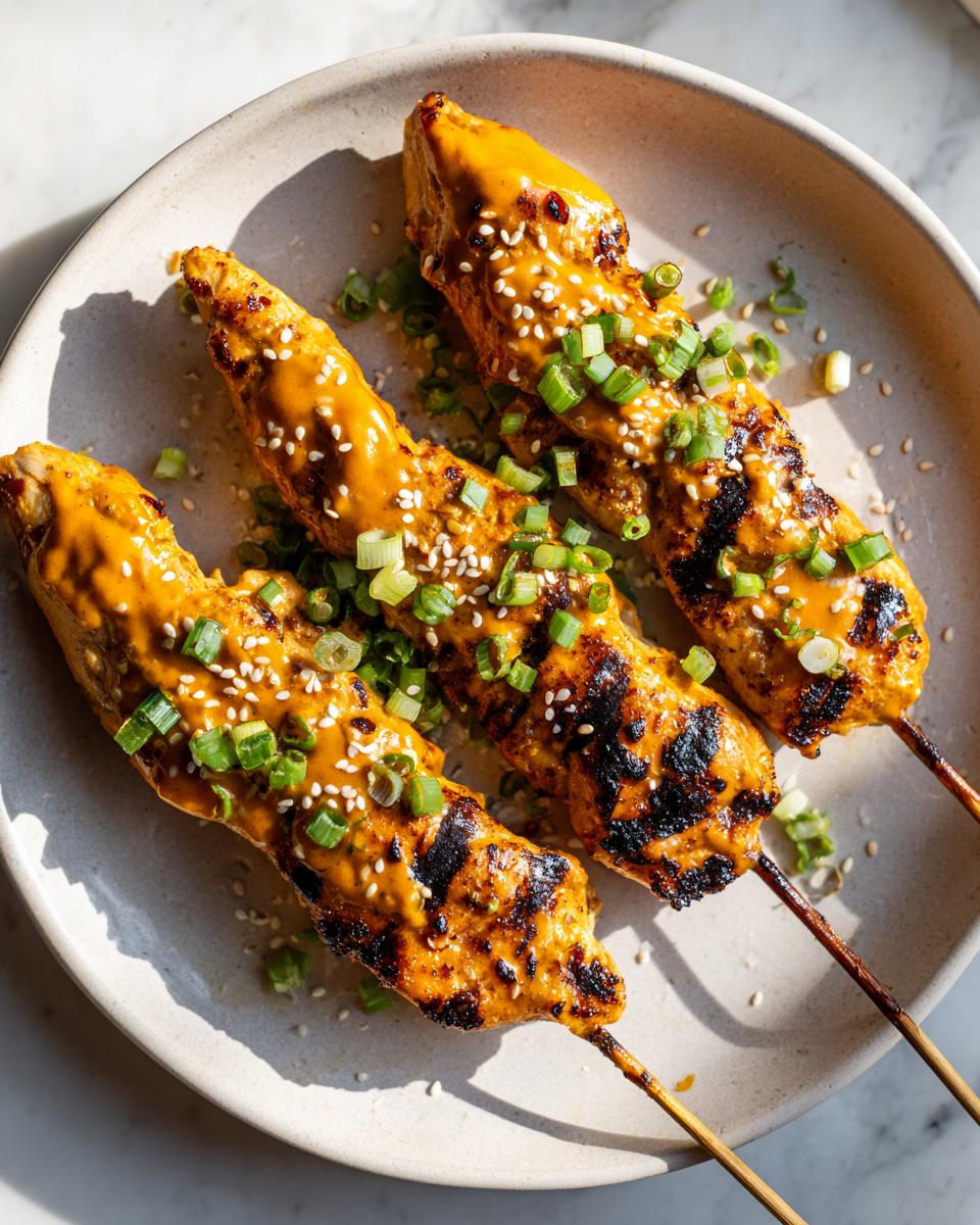 Three grilled bang bang chicken skewers drizzled with sauce, topped with sesame seeds and green onions.