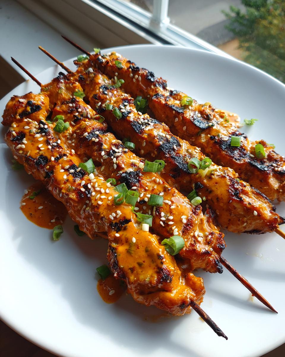 Three grilled bang bang chicken skewers drizzled with orange sauce, sprinkled with sesame seeds and green onions.