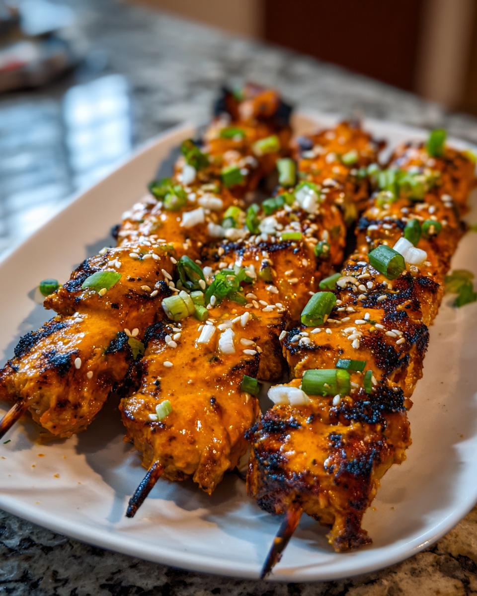 Four grilled bang bang chicken skewers covered in orange sauce, topped with sesame seeds and green onions.