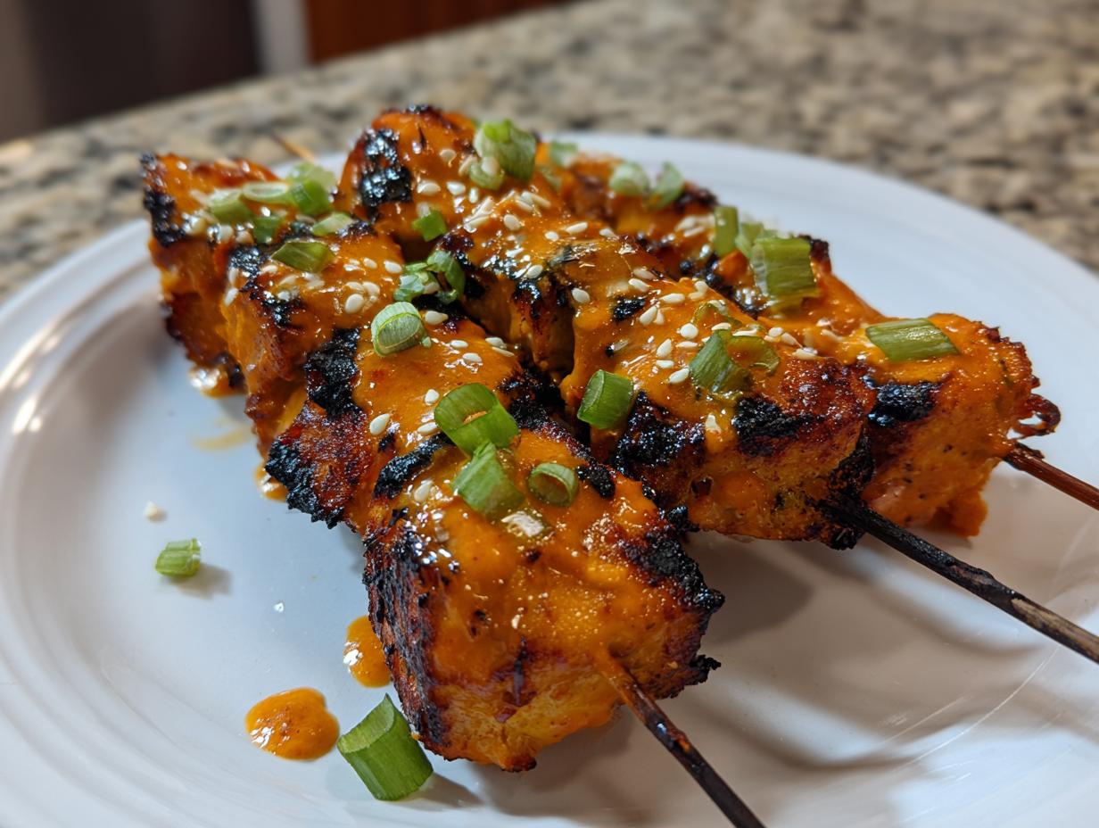 Close-up of three grilled bang bang chicken skewers drizzled with orange sauce, sesame seeds, and green onions.
