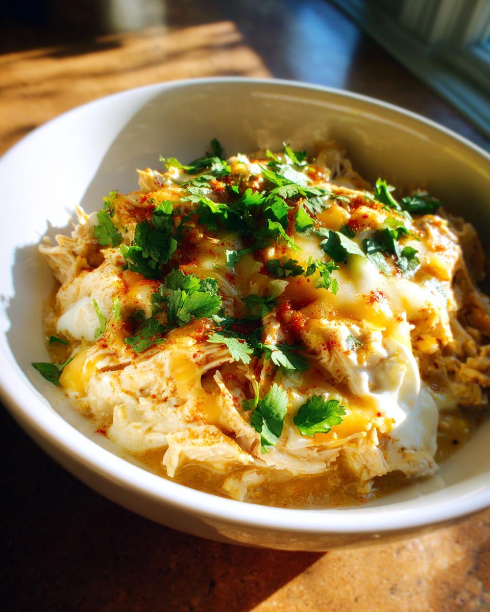 Close-up of a bowl of keto white chicken chili topped with melted cheese, sour cream, and fresh cilantro.